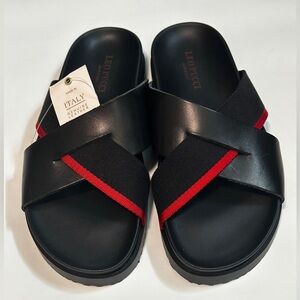 Leo Pucci Italy Black Genuine Leather Cross Strap Slide Sandals EU 43/ US 10